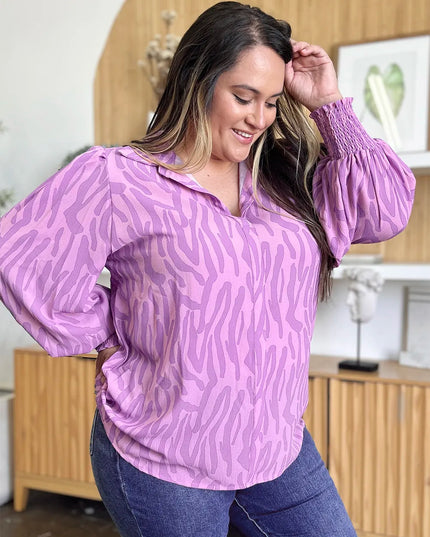 Double Take Full Size Printed Smocked Long Sleeve Blouse Plus Size