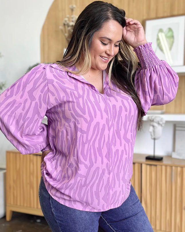 Double Take Full Size Printed Smocked Long Sleeve Blouse Plus Size
