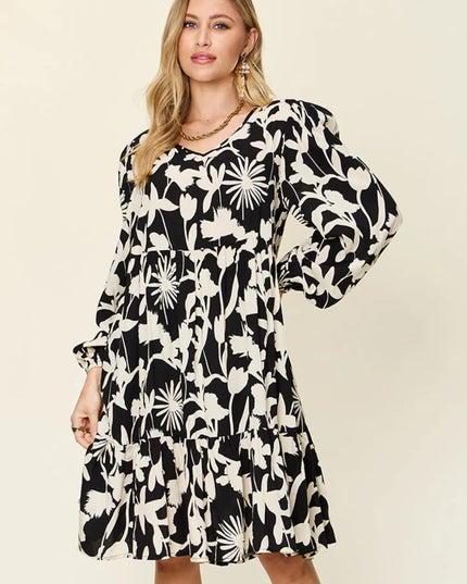 Double Take Full Size Printed Ruffle Hem Dress with Pocket
