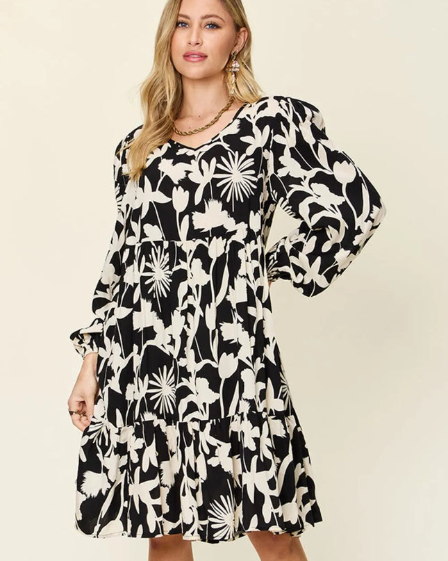 Double Take Full Size Printed Ruffle Hem Dress with Pocket