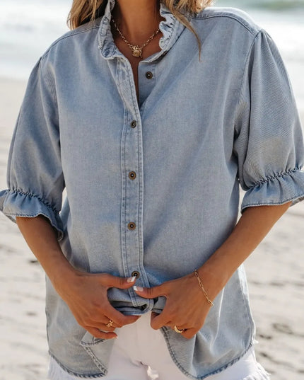 Ruffle Short Puff Sleeve Button Down Denim Shirt 