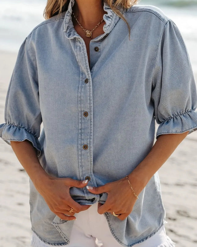 Ruffle Short Puff Sleeve Button Down Denim Shirt 