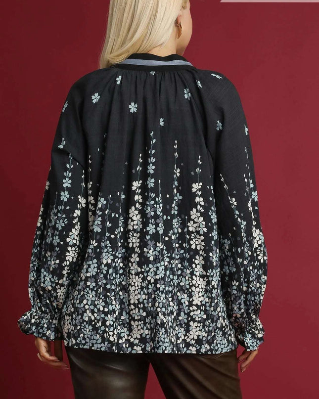 Umgee Full Size Floral Vine Print Blouse with Balloon Sleeves Plus Size