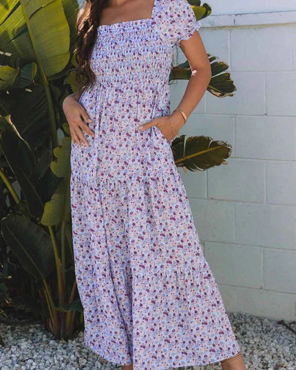Tiered Floral Shirred High Waist Maxi Dress