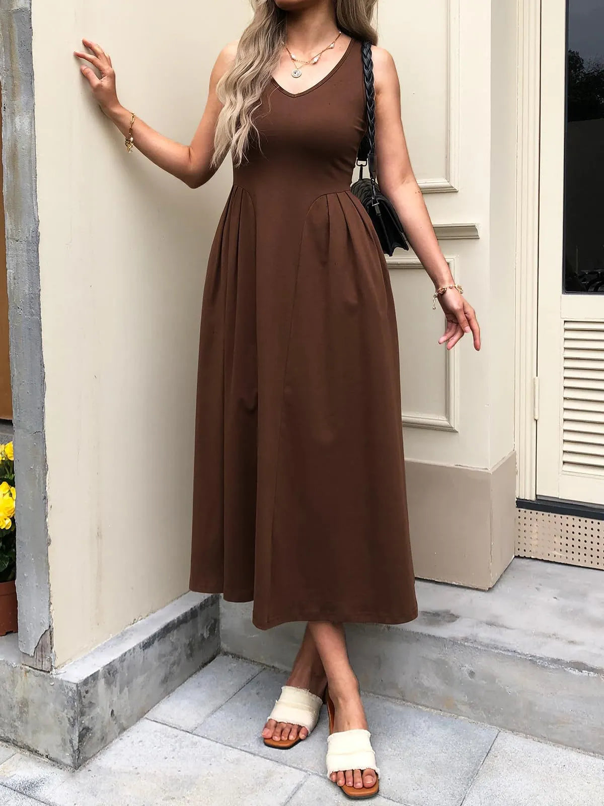 V-Neck Midi Tank Dress Coffee Color