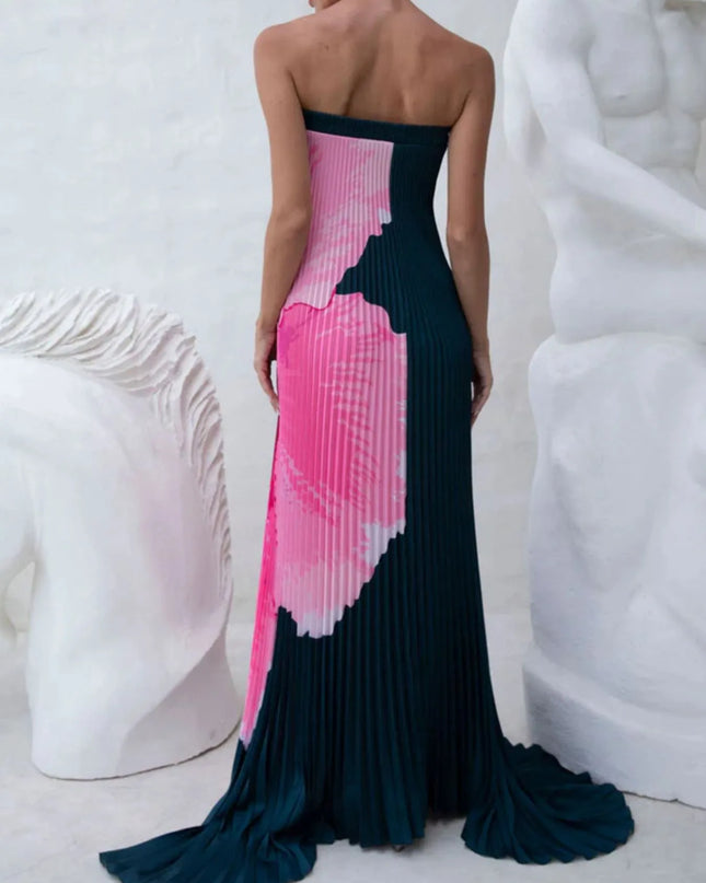 Pleated Printed Tube Floor Length Dress