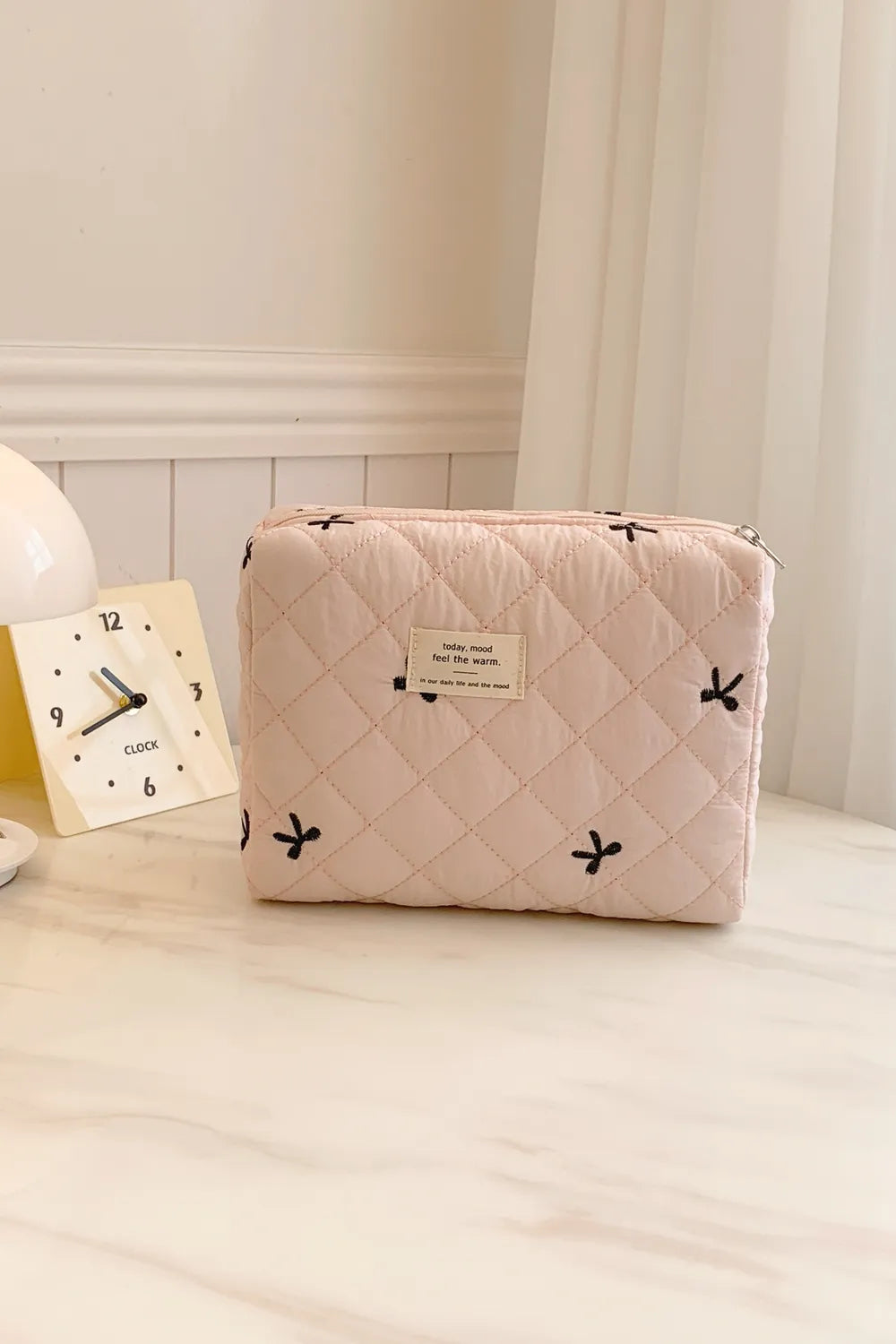 Bow Embroidered Quilted Storage Bag Blush Pink One Size
