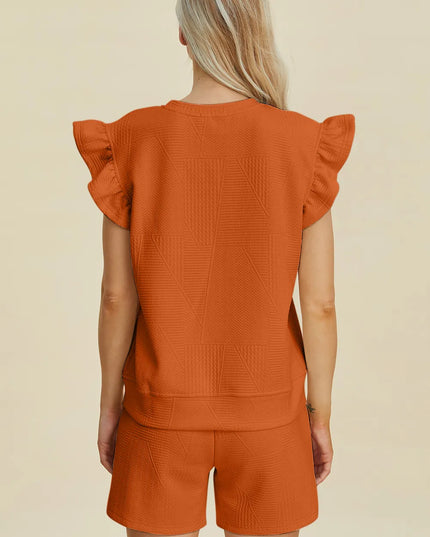 Double Take Full Size Texture Round Neck Ruffle Sleeve Top and Shorts Set