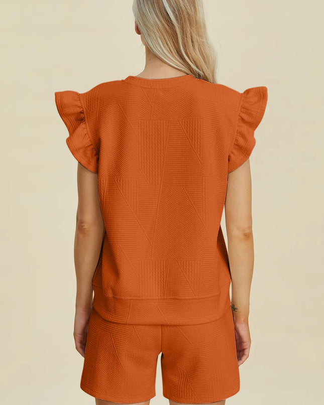 Double Take Full Size Texture Round Neck Ruffle Sleeve Top and Shorts Set