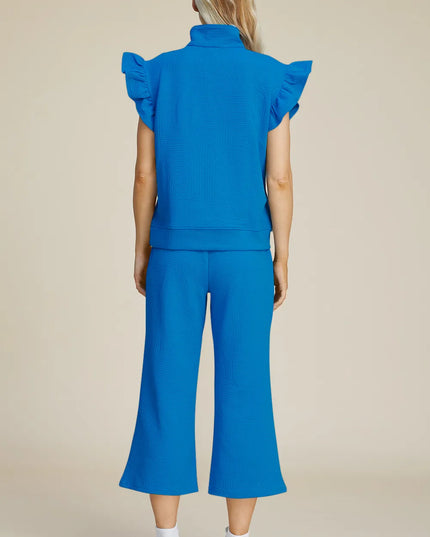 Double Take Full Size Texture Ruffle Short Sleeve Top and Wide Leg Pants Set