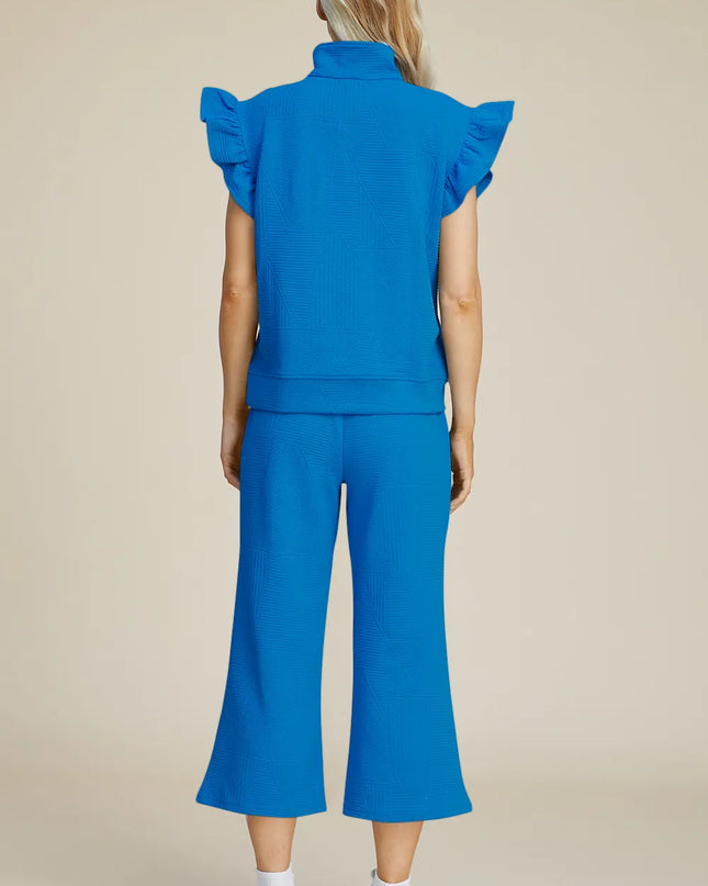 Double Take Full Size Texture Ruffle Short Sleeve Top and Wide Leg Pants Set