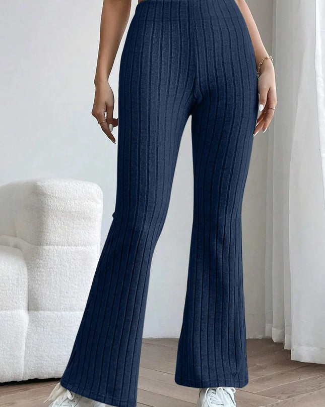 Basic Bae Full Size Ribbed High Waist Flare Pants Dark Blue