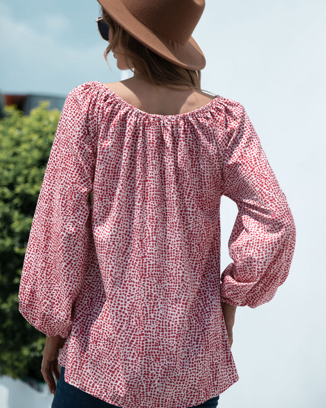 Printed Tie-Neck Balloon Sleeve Blouse