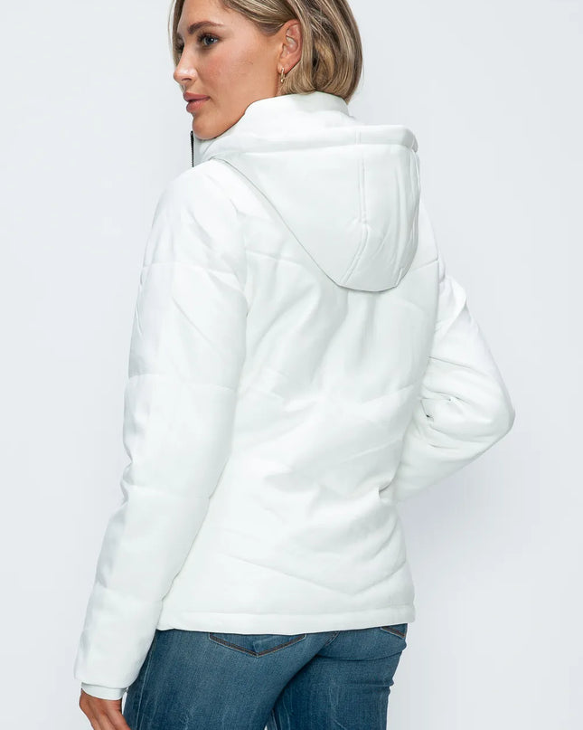 How Dare U Pocketed Zip Up Puffer Jacket with Removable Hood