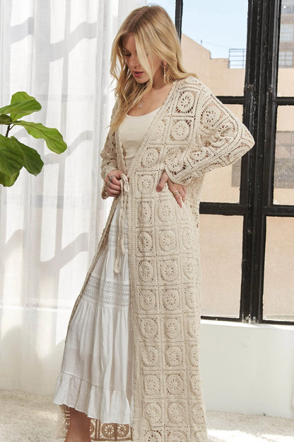 ADORA Long Sleeves Crochet Elastic Cardigan BEIGE