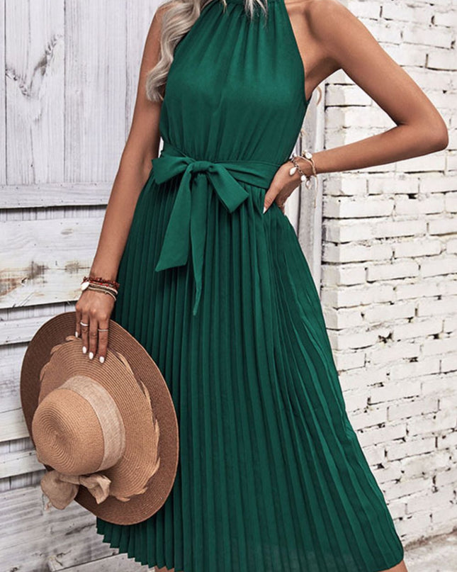 Perfee Tie Belt Pleated Midi Dress Forest