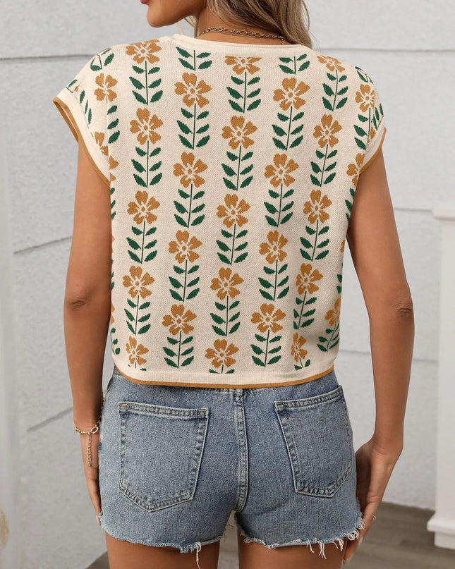 Flower Round Neck Short Sleeve Knit Top
