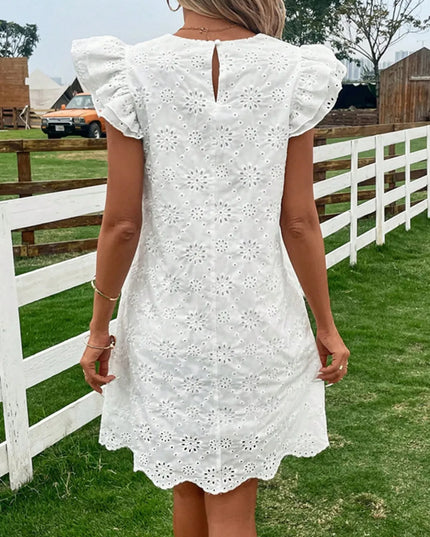 Eyelet Round Neck Ruffled Cap Sleeve Dress