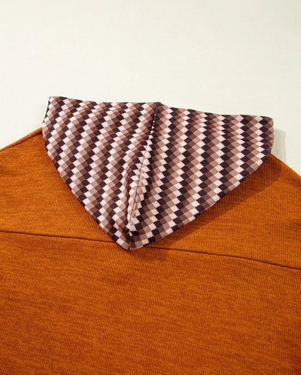 Contrast Plaid Hood Patchwork Chest Pocket Henley Top