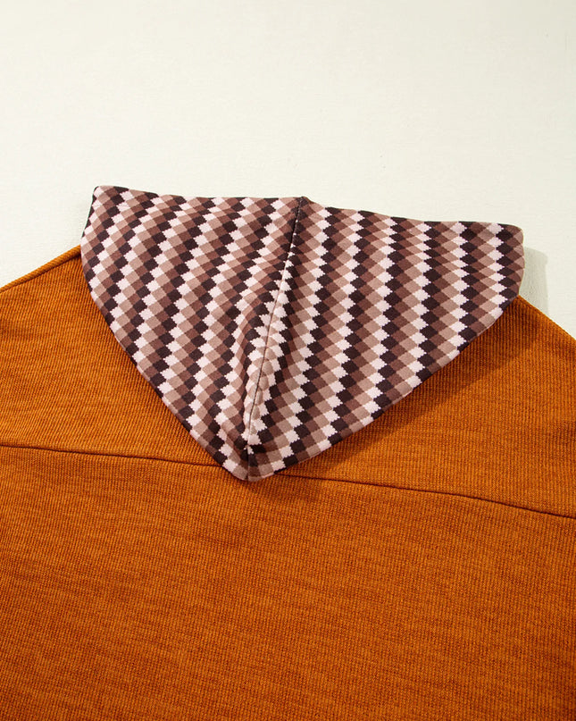 Contrast Plaid Hood Patchwork Chest Pocket Henley Top