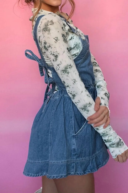 Wide Strap Square Neck Denim Overalls 