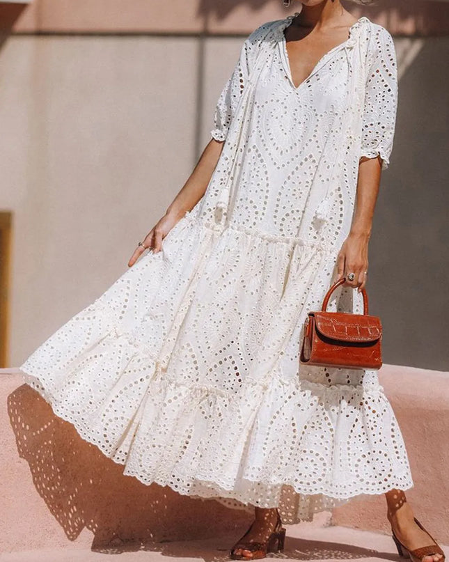 Tie Neck Half Sleeve Tiered Dress 