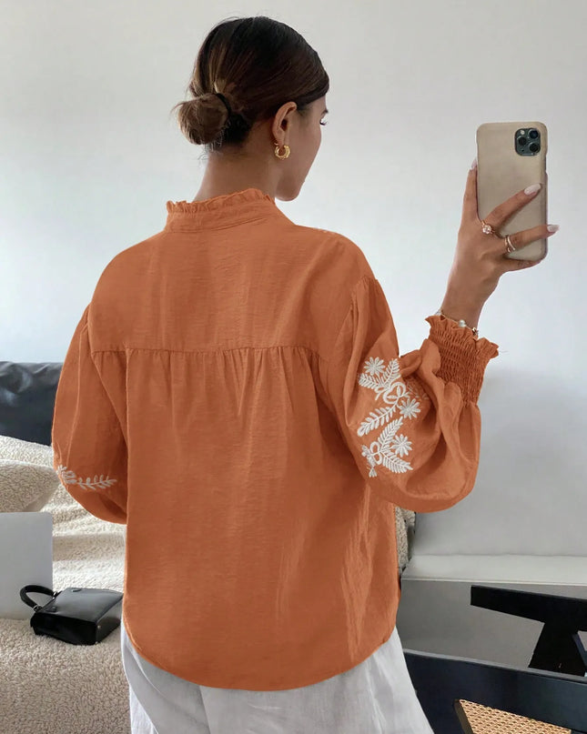 Embroidered Lantern Sleeve Blouse