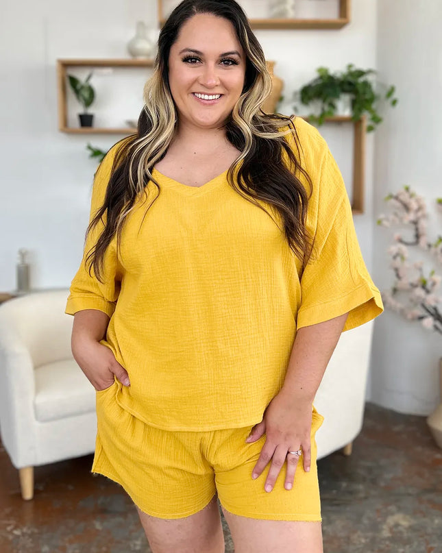 Double Take Texture Half Sleeve T-Shirt and Drawstring Shorts Set