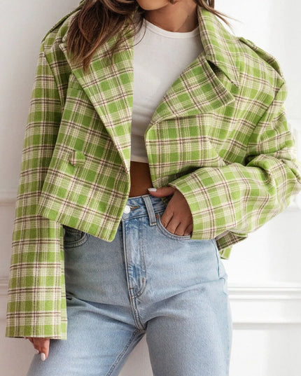 Lapel Collar Plaid Cropped Jacket