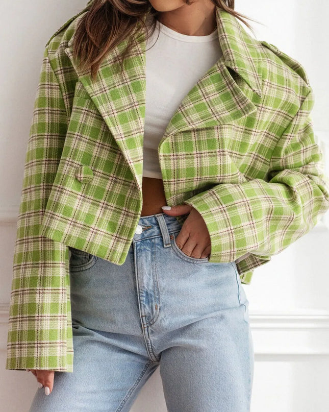 Lapel Collar Plaid Cropped Jacket