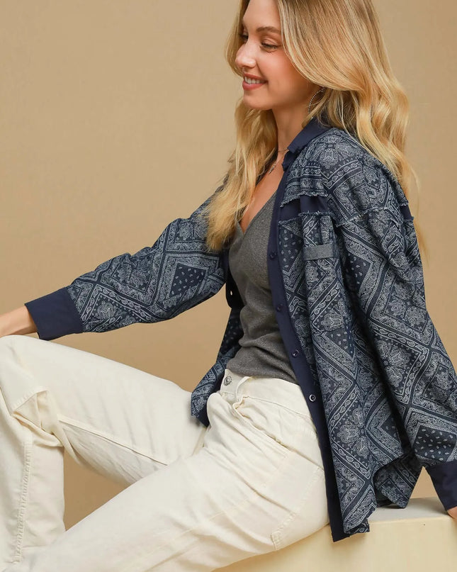 Umgee Paisley Print Denim Shirt Jacket