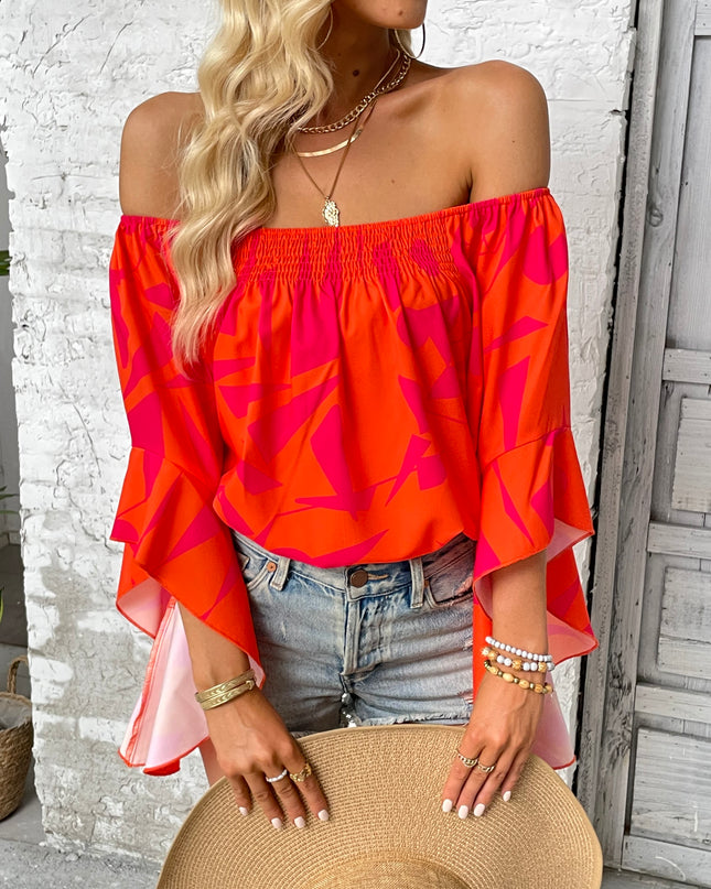 Printed Off-Shoulder Bell Sleeve Blouse
