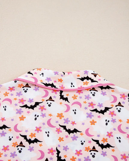 Halloween Ghost Print Button Up Top and Pants Lounge Set