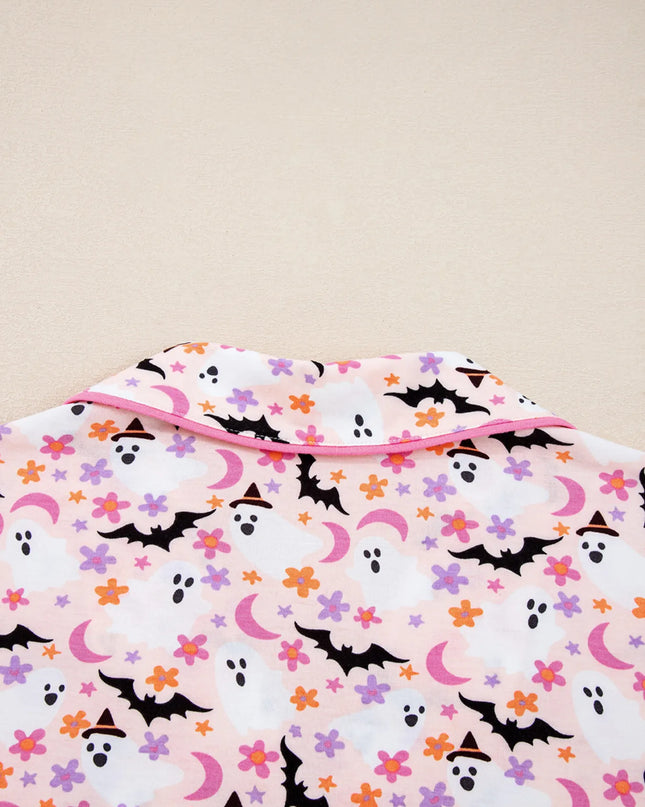 Halloween Ghost Print Button Up Top and Pants Lounge Set