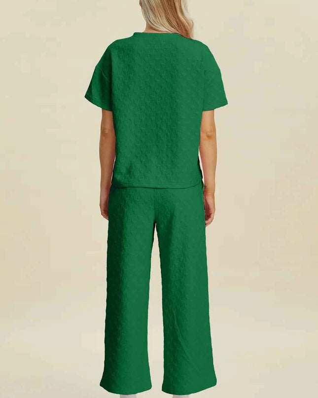 Double Take Full Size Texture Round Neck Short Sleeve Top and Pants Set