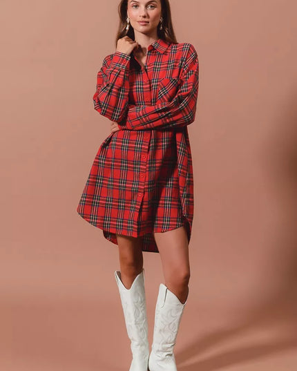 SO ME Christmas Checker Plaid Button Up Shirt Dress