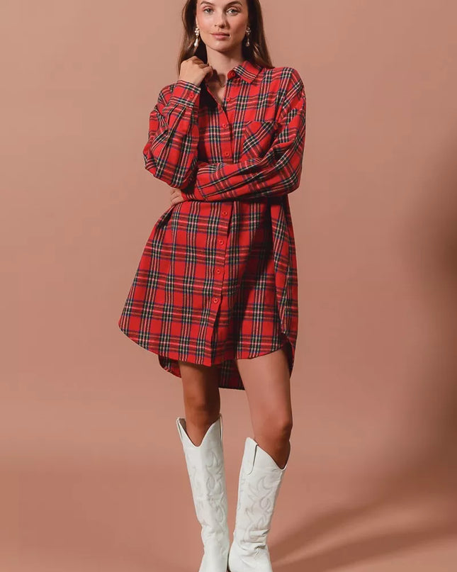 SO ME Christmas Checker Plaid Button Up Shirt Dress