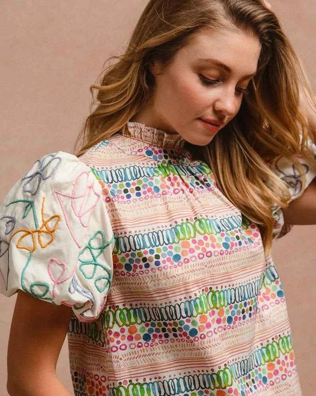 BiBi Ruffle Neckline Blouse With Embroidery Bubble Sleeve