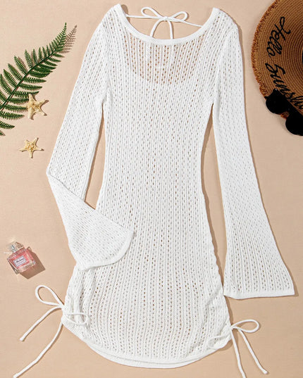 Hollow Out Bell Sleeve Drawstring Knit Cover Up Dress