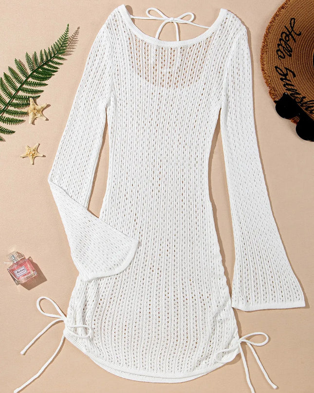 Hollow Out Bell Sleeve Drawstring Knit Cover Up Dress