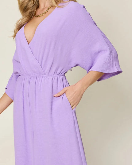 Double Take Full Size Surplice Wide Leg Jumpsuit with Pockets