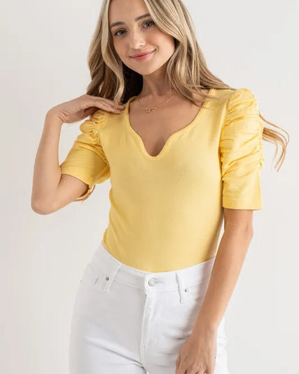 And The Why Shirring Puff Sleeve Bodysuit Pale Yellow