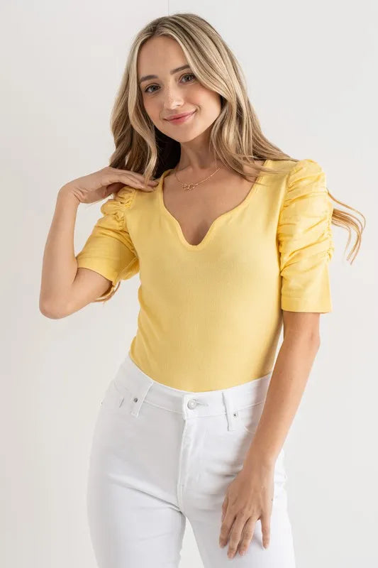 And The Why Shirring Puff Sleeve Bodysuit Pale Yellow