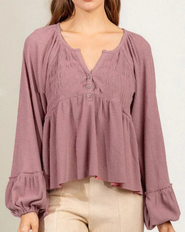 Notched Balloon Sleeve Peplum Blouse Dusty Pink