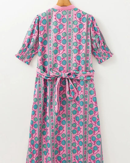 Printed Shirred Sleeve Buttoned Front Midi Dress with Sash