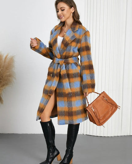 Tied Plaid Collared Neck Coat