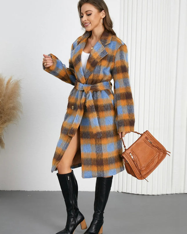 Tied Plaid Collared Neck Coat