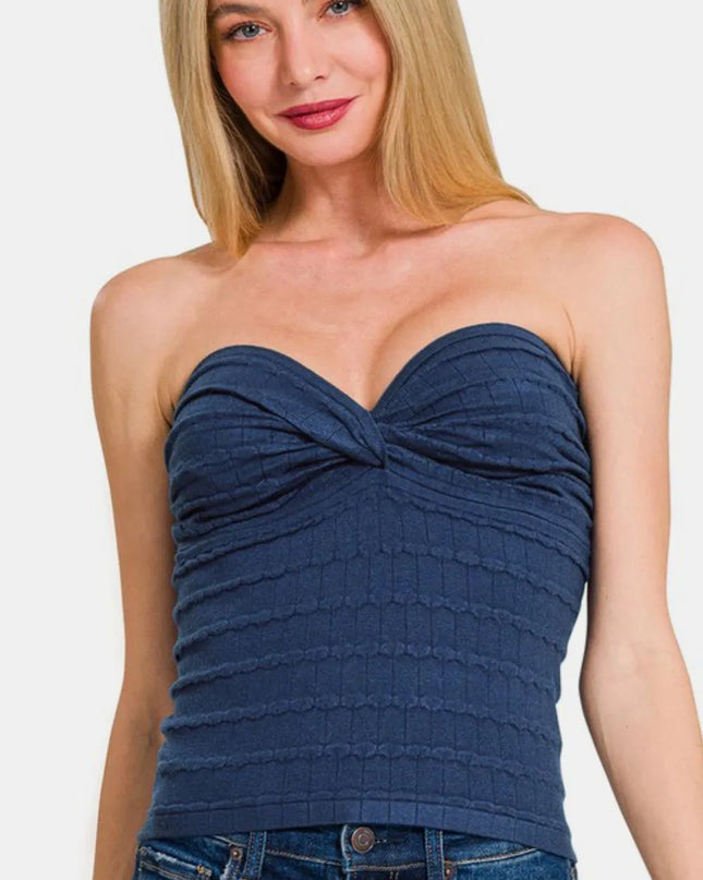 Zenana Ruched Twisted Sweetheart Neck Top Lt Navy