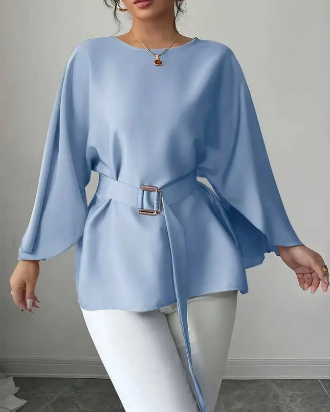 Belted Round Neck Flutter Sleeves Blouse