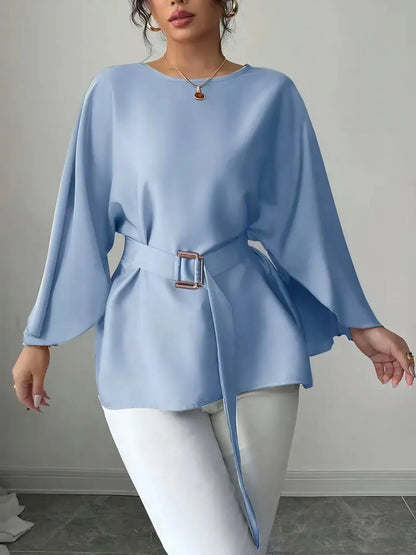 Belted Round Neck Flutter Sleeves Blouse